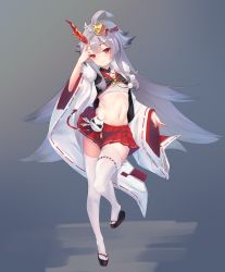 Rule 34 | 1girl, ahoge, asymmetrical horns, azur lane, finger to head, gradient background, hair ornament, hibiki (azur lane), highres, horns, ka11 ca, long hair, long sleeves, looking at viewer, midriff, mismatched horns, navel, okobo, oni horns, pom pom (clothes), red eyes, sandals, sarashi, silver hair, skindentation, skirt, solo, standing, standing on one leg, talisman, thigh strap, thighhighs, very long hair, white thighhighs, zettai ryouiki