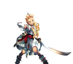 Rule 34 | 1girl, absurdres, adapted costume, armored warriors, blonde hair, bloomers, blue eyes, boots, capcom, crown, cyberbots, devilot de deathsatan ix, dress, flat chest, forehead, grin, hair slicked back, highres, japanese clothes, juno jeong, long hair, obi, official art, onimusha soul, pointing, pointing forward, sash, smile, solo, sword, underwear, weapon