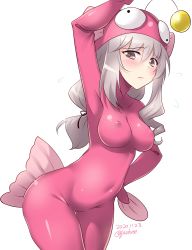 Rule 34 | 1girl, alternate costume, anglerfish costume, blush, breasts, closed mouth, covered erect nipples, covered navel, dated, frown, girls und panzer, grey eyes, half-closed eyes, hand on own hip, highres, itsumi erika, kuzuryuu kennosuke, large breasts, long hair, looking at viewer, simple background, solo, white background, white hair