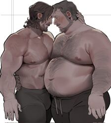 Rule 34 | 2boys, arm hair, bara, beard, big belly, blush, brown hair, bulge, chest hair, couple, deadman (death stranding), death stranding, elinapires (lewalrus), facial hair, fat, fat man, feet out of frame, forehead-to-forehead, from side, goatee, grey hair, hairy, heads together, highres, large pectorals, male focus, mature male, multiple boys, muscular, muscular male, navel hair, nipples, old, old man, pants, pectoral docking, pectoral press, pectorals, profile, puffy chest, sam (death stranding), sanpaku, short hair, thick eyebrows, thick mustache, thighs, topless male, track pants, yaoi
