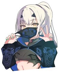 Rule 34 | 1girl, absurdres, choker, cropped jacket, fate/grand order, fate (series), flat chest, forked eyebrows, gem, green nails, hair between eyes, hair tie, highres, jewelry, legion (fox3498), looking at viewer, mask, melusine (fate), melusine (swimsuit ruler) (fate), melusine (swimsuit ruler) (first ascension) (fate), midriff, mouth mask, nail polish, ponytail, removing mask, see-through, see-through swimsuit, sidelocks, swimsuit, upper body, v, white background, white hair, yellow eyes