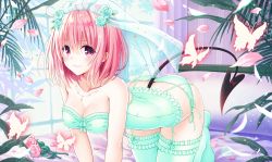 Rule 34 | 1girl, aqua thighhighs, bare shoulders, bed, blue thighhighs, blush, breasts, bridal veil, bride, bug, bustier, butt crack, butterfly, cleavage, collarbone, crawling, dress, ffcreatyuuki, flower, garter belt, garter straps, hair between eyes, indoors, insect, jewelry, looking at viewer, momo velia deviluke, necklace, on bed, panties, petals, pink hair, purple eyes, shiny clothes, side-tie panties, solo, tail, thighhighs, to love-ru, underwear, underwear only, veil, wedding dress, window