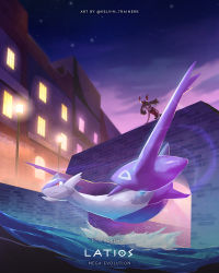 Rule 34 | 1girl, arm support, bow hairband, bridge, brown hair, building, canal, character name, commentary, copyright name, creatures (company), floating hair, from below, game freak, gen 3 pokemon, hairband, highres, kelvin-trainerk, lamppost, latios, leaning forward, legendary pokemon, long hair, looking down, may (pokemon), mega latios, mega pokemon, night, nintendo, outdoors, pokemon, pokemon (creature), pokemon oras, red hairband, red shirt, shirt, sky, sleeveless, sleeveless shirt, star (sky), twitter username, water, window