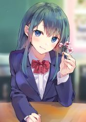 Rule 34 | 1girl, absurdres, blazer, blue eyes, blue hair, blue jacket, blurry, blurry background, blush, bow, cherry blossoms, collared shirt, commentary request, depth of field, dress shirt, flower, hair between eyes, head tilt, highres, holding, holding flower, indoors, jacket, long hair, long sleeves, looking at viewer, original, parted lips, pink flower, red bow, school uniform, shirt, smile, solo, tomozero, upper body, white shirt
