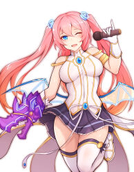 Rule 34 | 1girl, angelic buster, armband, bare shoulders, blue eyes, blue gemstone, blue horns, blue wings, blush, colored inner hair, commentary, dress, feet up, gem, gloves, highres, holding, holding microphone, horns, jo an, korean commentary, long hair, looking at viewer, maplestory, microphone, multicolored hair, one eye closed, open mouth, pink hair, pleated skirt, purple skirt, simple background, skirt, sleeveless, sleeveless dress, smile, solo, standing, standing on one leg, thighhighs, thighs, transparent wings, two-tone wings, two side up, very long hair, white background, white dress, white footwear, white gloves, white thighhighs, wings, yellow armband, yellow trim