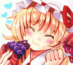 Rule 34 | 1girl, bad id, bad pixiv id, blonde hair, blueberry, blush, eating, closed eyes, flandre scarlet, food, fruit, hat, heart, long hair, oimo (imoyoukan), oimonocake, solo, touhou