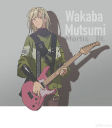 Rule 34 | 1girl, absurdres, bang dream!, bang dream! it&#039;s mygo!!!!!, black scarf, character name, chinese commentary, commentary request, cowboy shot, electric guitar, expressionless, gradient background, green hair, green jacket, grey background, guitar, highres, holding, holding guitar, holding instrument, instrument, jacket, layered sleeves, long hair, long sleeves, looking at viewer, scarf, shadow, short over long sleeves, short sleeves, solo, wakaba mutsumi, yellow eyes, yui k (yuik48074789)