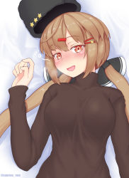 Rule 34 | 1girl, bed sheet, black bow, black hat, black shirt, blush, bow, breasts, brown eyes, brown hair, cypress, drunk, fur hat, hair between eyes, hair bow, hair ornament, hairclip, hat, kantai collection, large breasts, long hair, long sleeves, low twintails, open mouth, papakha, shirt, solo, squeans, tashkent (kancolle), twintails, twitter username, unworn hat, unworn headwear, upper body