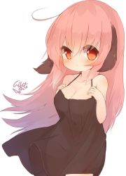 Rule 34 | 1girl, ahoge, animal ears, black dress, blush, breasts, cleavage, dog ears, dog girl, dress, groin, hands on own breasts, highres, long hair, no panties, no tail, original, pink hair, red eyes, see-through, see-through silhouette, simple background, solo, sunapua, sundress, white background, wind, wind lift