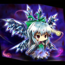 Rule 34 | arm cannon, blood, blue hair, bow, chibi, cirno, dress, fusion, hair bow, if they mated, red eyes, red star (toranecomet), reiuji utsuho, shoes, solo, touhou, weapon, wings