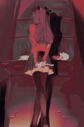 Rule 34 | 1girl, arms behind back, black hair, black skirt, black thighhighs, bow, crossed legs, cup, fate/stay night, fate (series), from behind, from below, hair bow, highres, long hair, own hands together, red shirt, shirt, skirt, solo, teacup, teapot, thighhighs, tohsaka rin, two side up, ubwmitekure, watson cross