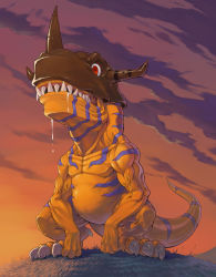 Rule 34 | claws, cloud, digimon, digimon (creature), digimon adventure, greymon, highres, hill, horns, monster, no humans, red eyes, saliva, sasasi, sharp teeth, sky, solo, sunset, tail, teeth, veins, you gonna get raped