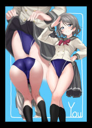 Rule 34 | 1girl, absurdres, ass, bent over, black border, black socks, blue background, blue eyes, blue one-piece swimsuit, border, breasts, brown hair, clothes lift, competition swimsuit, from behind, groin, highres, kneepits, legs, lifted by self, looking at viewer, love live!, love live! sunshine!!, multiple views, one-piece swimsuit, pleated skirt, salute, school uniform, serafuku, shiny skin, short hair, skirt, skirt lift, unworn skirt, smile, socks, standing, swimsuit, swimsuit under clothes, thighs, ulrich (tagaragakuin), uranohoshi school uniform, watanabe you