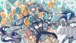 Rule 34 | absurdly long hair, aqua eyes, aqua hair, aqua necktie, balloon, bare shoulders, black skirt, black thighhighs, bow, box, calendar (object), chinese commentary, commentary, detached sleeves, food, gift, gift wrapping, grey shirt, hachune miku, hair ornament, hands up, hatsune miku, highres, holding, holding food, holding spring onion, holding vegetable, in box, in container, knees together feet apart, long hair, looking at viewer, mini person, minigirl, mixed-language commentary, necktie, o o, open mouth, shirt, skirt, sleeveless, sleeveless shirt, smile, solo, spring onion, star (symbol), thighhighs, twintails, v, vegetable, very long hair, vocaloid, wusebuhui, zettai ryouiki