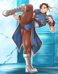 Rule 34 | 1girl, barrel, black hair, boots, bracelet, breasts, brown eyes, bun cover, c92, cameltoe, capcom, china dress, chinese clothes, chun-li, cross-laced footwear, double bun, dress, drum (container), eyeshadow, fighting stance, full body, jewelry, kechin (oreteki18kin), lace-up boots, large breasts, leg up, makeup, muscular, muscular female, pantyhose, pelvic curtain, sash, solo, spiked bracelet, spikes, standing, standing on one leg, street fighter, taut clothes, taut dress, thick thighs, thighs