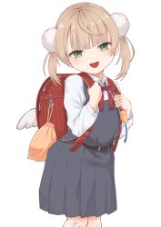 Rule 34 | 1girl, absurdres, backpack, bag, bandaid, bandaid on knee, bandaid on leg, blush, bow, bowtie, collared shirt, cowboy shot, crime prevention buzzer, dress, green eyes, grey dress, hair ornament, highres, indie virtual youtuber, light brown hair, looking at viewer, open mouth, pinafore dress, pom pom (clothes), pom pom hair ornament, randoseru, red bag, red bow, red bowtie, shigure ui (vtuber), shigure ui (vtuber) (young), shirt, short hair, simple background, sleeveless, sleeveless dress, smile, soba (sobaya1938), solo, twintails, virtual youtuber, white background, white shirt