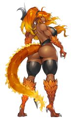 Rule 34 | 1girl, absurdres, ahoge, animal hands, ass, blue eyes, breasts, claws, commission, curvy, dark-skinned female, dark skin, fiery tail, fins, fire, flame-tipped tail, from behind, full body, gurimjang, hair over one eye, halberd, head fins, high ponytail, highres, huge ass, huge breasts, lizard tail, long hair, looking at viewer, looking back, monster girl, monster girl encyclopedia, muscular, muscular female, pixiv commission, polearm, ponytail, red hair, revealing clothes, salamander (monster girl encyclopedia), scales, sideboob, simple background, smile, solo, standing, tail, thighs, weapon, white background