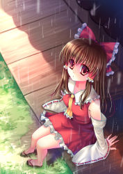 Rule 34 | 1girl, arm support, bad id, bad pixiv id, bow, brown hair, detached sleeves, female focus, from above, hakurei reimu, japanese clothes, long hair, looking up, miko, perspective, porch, rain, red eyes, sandals, sitting, solo, sousouman, touhou, veranda