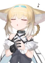Rule 34 | 1girl, animal ear fluff, animal ears, arknights, bad id, bad pixiv id, bare shoulders, black gloves, blonde hair, blouse, blue hairband, blush, braid, braided hair rings, chestnut mouth, closed eyes, commentary request, dokomon, eighth note, facing viewer, fox ears, gloves, gradient hair, hair between eyes, hair rings, hairband, hands up, highres, infection monitor (arknights), korean commentary, material growth, multicolored hair, music, musical note, oripathy lesion (arknights), own hands clasped, own hands together, parted lips, shirt, sidelocks, simple background, singing, single glove, single wrist cuff, solo, suzuran (arknights), twin braids, upper body, white background, white hair, white shirt, wrist cuffs