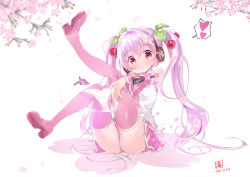 Rule 34 | 1girl, ahoge, arm tattoo, ass, blouse, boots, cherry, doku momo, female focus, food, food-themed hair ornament, fruit, full body, hair ornament, hatsune miku, heart, highres, long hair, miniskirt, no panties, panties, pink eyes, pink hair, plant, sakura miku, shirt, sitting, skirt, solo, spoken heart, tattoo, thigh boots, thighhighs, tree, twintails, underwear, very long hair, vocaloid, white background, white shirt