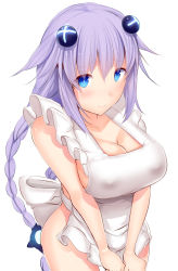 Rule 34 | 1girl, alternate costume, apron, blue eyes, blush, braid, breasts, cleavage, covered erect nipples, cowboy shot, daiaru, large breasts, long hair, looking at viewer, naked apron, neptune (series), power symbol, power symbol-shaped pupils, purple hair, purple heart (neptunia), smile, solo, symbol-shaped pupils, twin braids, twintails, very long hair, white apron