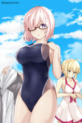 Rule 34 | 2girls, artoria pendragon (all), artoria pendragon (fate), artoria pendragon (fate) (cosplay), bad id, bad pixiv id, black one-piece swimsuit, bow, cloud, competition swimsuit, cosplay, costume switch, cowboy shot, day, dress swimsuit, fate/grand order, fate/stay night, fate (series), glasses, hair over one eye, looking at viewer, mash kyrielight, mash kyrielight (swimsuit of perpetual summer), multiple girls, official alternate costume, one-piece swimsuit, pink bow, purple eyes, purple hair, saber (fate), saber (fate) (cosplay), shielder (fate/grand order) (cosplay), short hair, sky, swimsuit, tasora, twitter username, white one-piece swimsuit