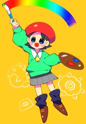 Rule 34 | 1girl, adeleine, arms up, beret, black hair, blue eyes, blue socks, blush, blush stickers, brown footwear, child, collared shirt, dutch angle, female focus, flat chest, full body, green shirt, grey skirt, happy, hat, head tilt, highres, holding, holding brush, holding palette, i3 (kirby), ice dragon (kirby), kirby (series), kirby 64, kracko, kureson (hayama baa), long sleeves, looking up, miniskirt, nintendo, open mouth, outstretched arm, paintbrush, palette (object), pleated skirt, rainbow, red hat, shirt, shoes, short hair, simple background, skirt, smile, socks, solo, standing, straight-on, yellow background