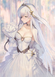 Rule 34 | 1girl, anastasia (fate), arm behind back, blush, bouquet, bow, breasts, bridal veil, cape, choker, cleavage, closed mouth, collarbone, commentary request, dress, elbow gloves, fate/grand order, fate (series), flower, gloves, green eyes, holding, holding bouquet, medium breasts, ritsuki, rose, signature, silver hair, smile, solo, straight hair, strapless, strapless dress, veil, water, wedding dress, white bow, white cape, white flower, white gloves, white rose, white theme