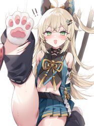 Rule 34 | !, !!, 1girl, animal ears, bare shoulders, black choker, bow, brown bow, brown tank top, cat ears, cat feet, cat girl, cat tail, choker, coat, collared vest, commentary request, crop top, detached sleeves, double-parted bangs, genshin impact, green eyes, hair ornament, hairclip, highres, kirara (genshin impact), long hair, long sleeves, looking at viewer, multiple tails, navel, nekomata, open mouth, shu bii, sleeveless, sleeveless coat, tail, tank top, two tails, vest, yae miko