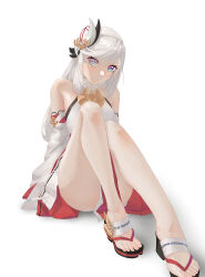 Rule 34 | 1girl, absurdres, blue eyes, feet, genshin impact, highres, japanese clothes, long hair, looking at viewer, miko, parted lips, sandals, shenhe (genshin impact), silver hair, smile, toes