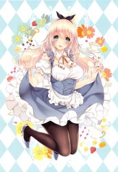 Rule 34 | 1girl, absurdres, alice (alice in wonderland), alice (alice in wonderland) (cosplay), alice in wonderland, apron, argyle, argyle background, argyle clothes, atago (kancolle), ayase hazuki, bare shoulders, blonde hair, blue eyes, blue footwear, bow, breasts, card, cleavage, cosplay, cup, dress, flower, food, frills, fruit, full body, hair bow, high heels, highres, kantai collection, key, large breasts, long hair, looking at viewer, macaron, open mouth, pantyhose, puffy sleeves, scan, shiny clothes, simple background, skirt hold, smile, solo, strawberry, teacup, waist apron