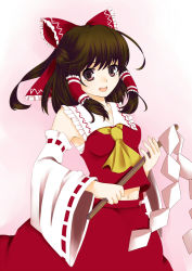 Rule 34 | 1girl, ascot, bare shoulders, bow, breasts, brown hair, detached sleeves, female focus, gohei, gradient background, hair bow, hair tubes, hakurei reimu, japanese clothes, miko, open mouth, red eyes, short hair, skirt, solo, stkm98, touhou, white background