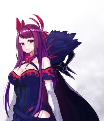Rule 34 | 1girl, bare shoulders, blue dress, breasts, cleavage, collarbone, dress, elbow gloves, fire emblem, fire emblem engage, gloves, highres, ivy (fire emblem), large breasts, long hair, looking at viewer, nintendo, purple eyes, purple hair, shinae, short sleeves, smile, solo, upper body, very long hair, white gloves