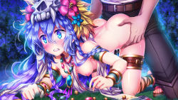 Rule 34 | 1boy, 1girl, all fours, armlet, ass grab, blue eyes, blue flower, blue hair, blush, bracelet, braid, breasts, clenched teeth, cum, cum in pussy, flower, game cg, hair flower, hair ornament, hetero, iolite link, jewelry, long hair, night, nipples, official art, outdoors, red flower, sana naweue, sex, shiny skin, small breasts, tears, teeth, thigh strap, vaginal, very long hair