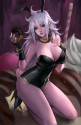Rule 34 | 1girl, android 21, black nails, black sclera, bracelet, breasts, cleavage, colored sclera, colored skin, dragon ball, dragon ball fighterz, dragonball z, earrings, high heels, hoop earrings, jewelry, looking at viewer, majin android 21, nail polish, neck ring, phamoz, pink skin, playboy bunny, pointy ears, red eyes, ring, smile, solo, wavy hair, whipped cream