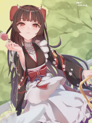 1girl absurdres apron azur_lane black_hair black_kimono bow closed_mouth dango floral_print_kimono food hair_bow highres horns japanese_clothes kimono light_blush lips long_sleeves maid official_alternate_costume red_bow sakawa_(azur_lane) sakawa_(the_colors_of_love)_(azur_lane) signature solo sunebu_(snake_boo2) wa_maid wagashi waist_apron white_apron wide_sleeves