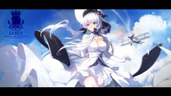 Rule 34 | 1girl, aircraft, airplane, arms up, artist request, azur lane, bare shoulders, biplane, blue eyes, breasts, character name, cloud, day, detached collar, dress, elbow gloves, english text, garter straps, gloves, hair tubes, hat, highres, illustrious (azur lane), jpeg artifacts, large breasts, letterboxed, long hair, looking to the side, sky, solo, strapless, strapless dress, sun hat, text focus, thighhighs, white dress, white gloves, white hair, white thighhighs