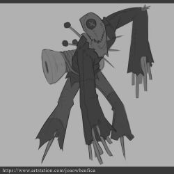 Rule 34 | absurdres, artist name, button eyes, buttons, closed mouth, copyright request, facing viewer, grey background, greyscale, highres, joaowbenfica, leaning forward, long sleeves, monochrome, pants, scarecrow, shirt, simple background, torn clothes, torn pants, torn shirt, watermark, web address