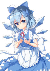 Rule 34 | 1girl, ahoge, alternate costume, apron, blue bow, blue dress, blush, bow, breast conscious, cirno, cowboy shot, detached wings, dress, enmaided, flat chest, frilled apron, frilled dress, frills, hair between eyes, hair bow, ice, ice wings, looking down, maid, neck ribbon, puffy short sleeves, puffy sleeves, red ribbon, ribbon, shiny skin, shirt, short sleeves, simple background, solo, standing, tareme, touhou, waist apron, white apron, white background, white shirt, wings, yuxian youka