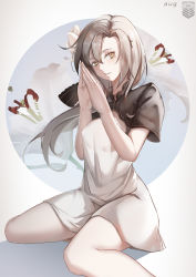 Rule 34 | 1girl, absurdres, alternate costume, aug (girls&#039; frontline), breasts, character name, covered erect nipples, dress, flower, girls&#039; frontline, hair between eyes, hair flower, hair ornament, hair ribbon, head tilt, highres, long hair, looking at viewer, mole, mole under eye, own hands together, parted lips, pixiv id 12457925, ribbon, sidelocks, sitting, smile, thighs, wariza, yellow eyes