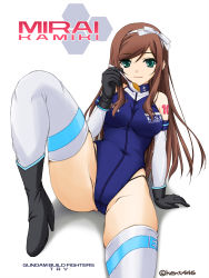 Rule 34 | 10s, 1girl, ankle boots, bare shoulders, black footwear, boots, breasts, brown hair, character name, copyright name, detached sleeves, elbow gloves, food, gloves, green eyes, gundam, gundam build fighters, gundam build fighters try, hairband, halterneck, high heel boots, high heels, highleg, highleg leotard, highres, kamiki mirai, leotard, long hair, ribbon, sitting, smile, solo, spoon, spread legs, thighhighs, yoshimura kentaro