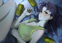 Rule 34 | 1girl, absurdres, alcohol, beer can, blush, breasts, brown eyes, can, cleavage, cross, cross necklace, drink can, highres, holding, holding jewelry, holding necklace, jewelry, katsuragi misato, large breasts, long hair, looking at viewer, lying, necklace, neon genesis evangelion, on side, parted lips, purple hair, serpent (pepepp39), short shorts, shorts, solo, sweat, tank top, yebisu, yellow tank top