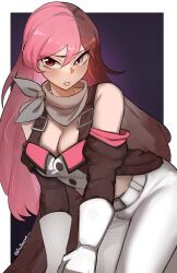 Rule 34 | 1girl, a big brother, bare shoulders, blush, breasts, cleavage, dress, eye contact, gloves, grey neckerchief, heterochromia, highres, hunched over, large breasts, long hair, long sleeves, looking at another, looking at viewer, medium breasts, multicolored hair, neckerchief, neo politan, open mouth, pants, rwby, sailor dress, simple background, solo, standing, thick thighs, thighs, two-tone hair