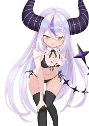 Rule 34 | 1girl, bad id, bad twitter id, bikini, black bikini, black nails, black thighhighs, braid, breasts, commentary, crown braid, hair between eyes, hand on own chest, hand on own knee, highres, hololive, holox, horns, jiang ye kiri, la+ darknesss, leaning forward, long hair, looking at viewer, multicolored hair, nail polish, navel, pointy ears, purple hair, silver hair, simple background, small breasts, solo, streaked hair, striped horns, swimsuit, thighhighs, two-tone hair, very long hair, virtual youtuber, white background, yellow eyes