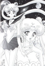Rule 34 | 1990s (style), 1girl, bishoujo senshi sailor moon, crescent, crescent facial mark, dated, double bun, dual persona, earth (planet), elbow gloves, facial mark, finger to mouth, forehead mark, full moon, gloves, hair ornament, lipstick, long hair, looking at viewer, makeup, monochrome, moon, multiple views, official style, planet, pleated skirt, princess serenity, retro artstyle, sailor moon, signature, skirt, takai miki, tsukino usagi, very long hair