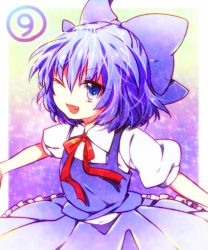 Rule 34 | 1girl, bad id, bad pixiv id, blue eyes, blue hair, bow, circled 9, cirno, dress, fang, female focus, gradient background, hair bow, matching hair/eyes, one eye closed, open mouth, riichu, short sleeves, solo, touhou, wink