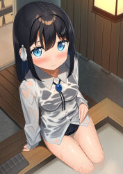Rule 34 | 1girl, 3:, amulet, apollo (hu maple), bath, black hair, blue eyes, blue hair, blush, breasts, collared shirt, colored inner hair, commentary request, dress shirt, furrowed brow, hair between eyes, hair intakes, highres, indoors, long sleeves, looking at viewer, looking up, medium breasts, medium hair, multicolored hair, ofuro, one-piece swimsuit, original, pleated skirt, school swimsuit, school uniform, see-through, shirt, shy, skirt, soaking feet, solo, swimsuit, swimsuit under clothes, thighs, unworn skirt, wakamezake, wet, wet clothes, white shirt
