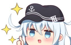 Rule 34 | 1girl, anchor symbol, black hat, blue eyes, commentary request, flat cap, hat, hibiki (kancolle), kantai collection, kuroten, long hair, silver hair, smile, solo, sparkle, thumbs up