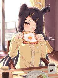 Rule 34 | 1girl, ahoge, alternate costume, alternate hairstyle, animal ears, black hair, blurry, blurry background, coffee mug, commentary request, cup, curtains, ear down, egg, food, fork, fried egg, fried egg on toast, hair ornament, hairclip, highres, holding, holding food, horse ears, horse girl, horse tail, indoors, manhattan cafe (umamusume), mug, multicolored hair, on chair, one eye closed, open mouth, pajamas, plate, sitting, snowpict, solo, streaked hair, sunlight, table, tail, umamusume, window, yellow pajamas