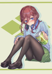 Rule 34 | 1girl, absurdres, black footwear, black pantyhose, blue cardigan, blue eyes, blush, breasts, brown hair, can, cardigan, closed mouth, collared shirt, commentary request, go-toubun no hanayome, green background, green skirt, grey background, hair between eyes, headphones, headphones around neck, highres, holding, holding can, incoming drink, knees up, large breasts, loafers, long hair, long hair between eyes, long sleeves, looking at viewer, miniskirt, nakano miku, panties, panties under pantyhose, pantyhose, pantyshot, school uniform, shirt, shoes, simple background, sitting, skirt, solo, sparkle, two-tone background, underwear, white shirt, wucanming